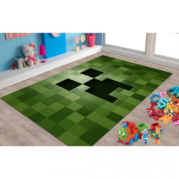 Veronya Minecraft Creeper Desenli Kaymaz Taban Çocuk Odası Halısı