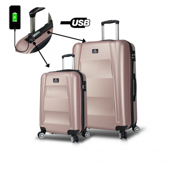 My Valice Smart Bag Exclusive Usb Şarj Girişli 2li Valiz Seti (Kabin ve Büyük) Rose