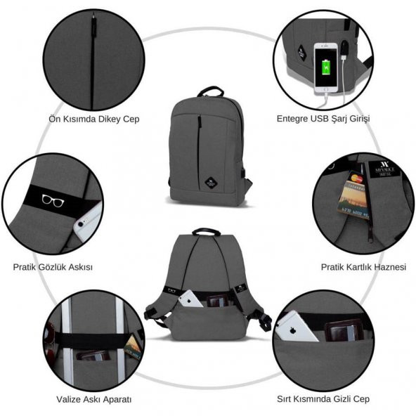 My Valice Smart Bag GALAXY Usb Şarj Girişli Notebook Sırt Çantası Füme - 8