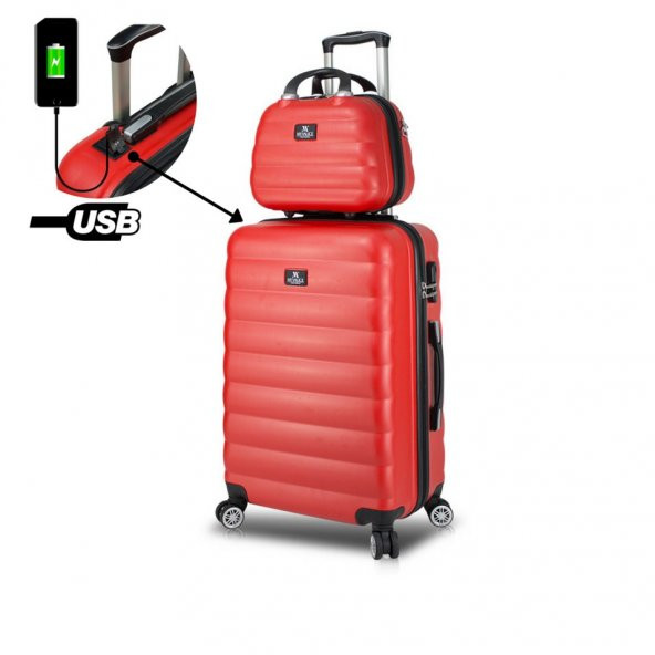 My Valice Smart Bag Colors Usb Şarj Girişli 2li Valiz Seti (Orta ve Makyaj) Kırmızı