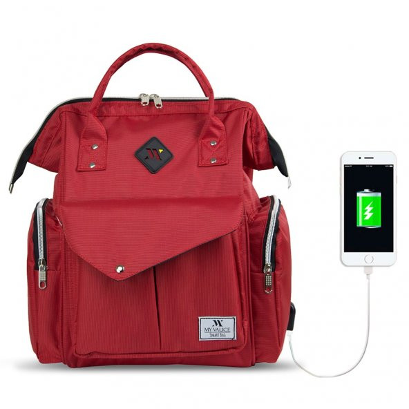 My Valice Smart Bag Happy Mom Usbli Anne Bebek Bakım ve Sırt Çantası Kırmızı