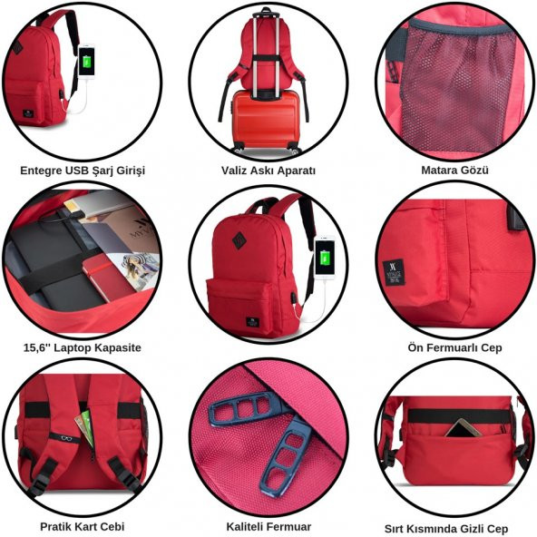 My Valice Smart Bag SPECTA Usb Şarj Girişli Akıllı Sırt Çantası Pembe - 6