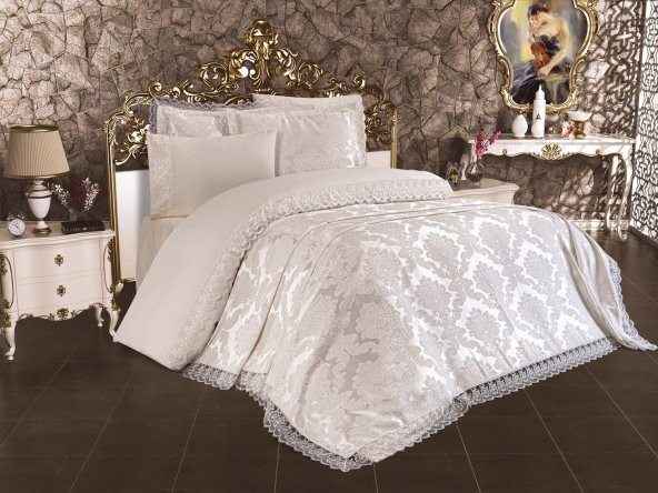 Çeyiz Diyarı Fransız Dantelli Lalezar Gelin Seti 7 Parça Krem 240x250 cm