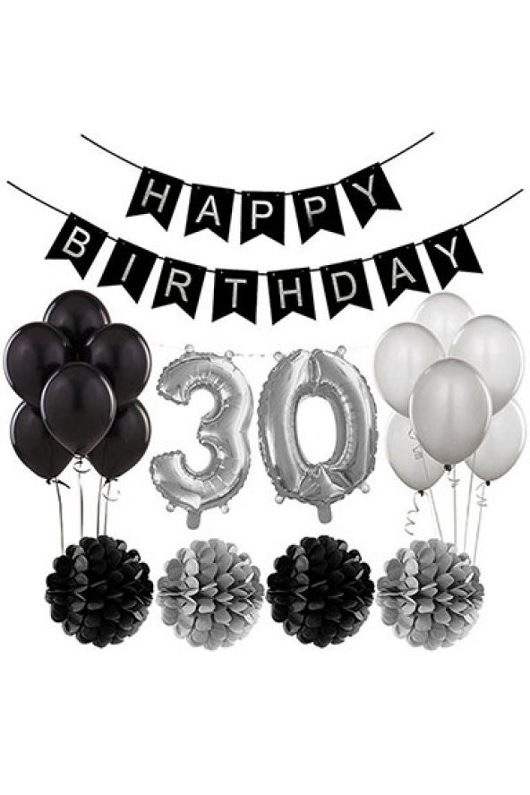 Siyah Gümüş 30 Yaş Doğum Günü Seti 30 Yaş Partisi