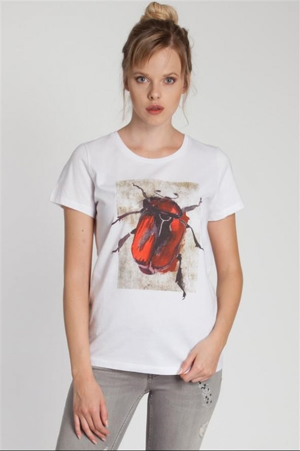 Zoey - Böcek Baskılı Beyaz Tişört | 160365-1