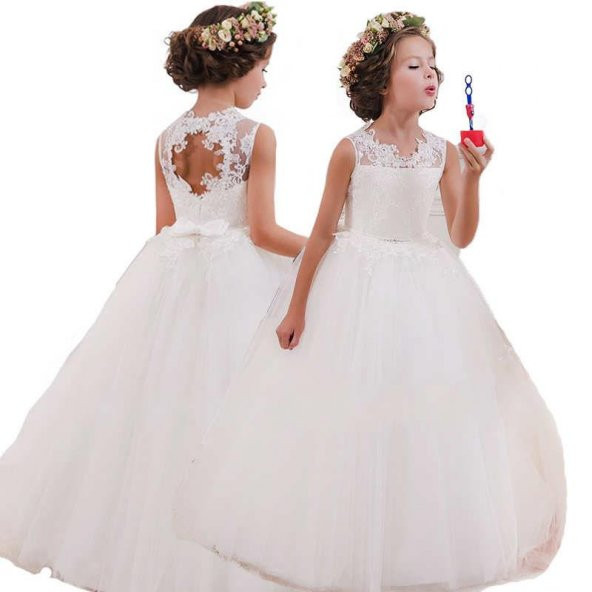 Çocuk Gelinlik - Düğün Elbisesi - Dantelli Beyaz Tüllü Gelinlik