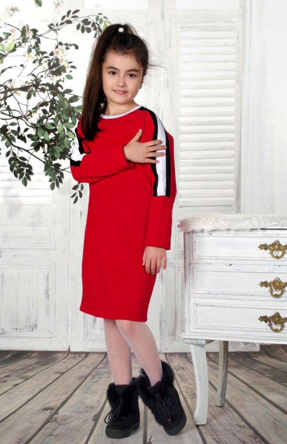 Toontoy Kız Çocuk Kol Üstü Şeritli Elbise