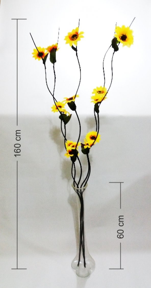Uzun 60 cm Cam Vazolu 160 cm Dallı Sarı Ayçiçeği Gündoğdu Çiçek - Resim 2