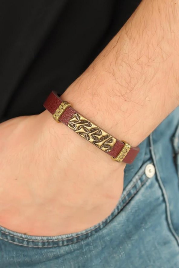 Eskitme Renk Metal Aksesuarlı Kahverengi Deri Erkek Bileklik - 3