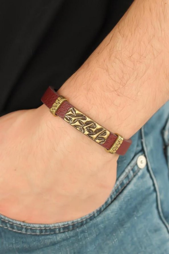 Eskitme Renk Metal Aksesuarlı Kahverengi Deri Erkek Bileklik - 5