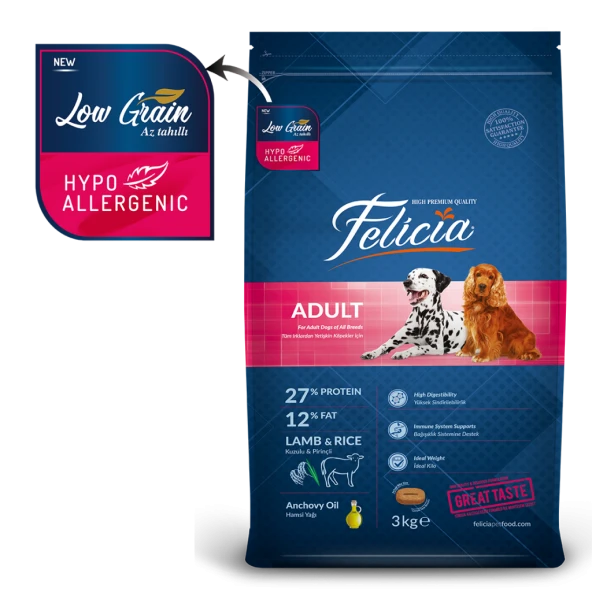 Felicia 3 Kg Yetişkin Kuzulu M/Large Az Tahıllı Breed HypoAllergenic Köpek Maması - 3