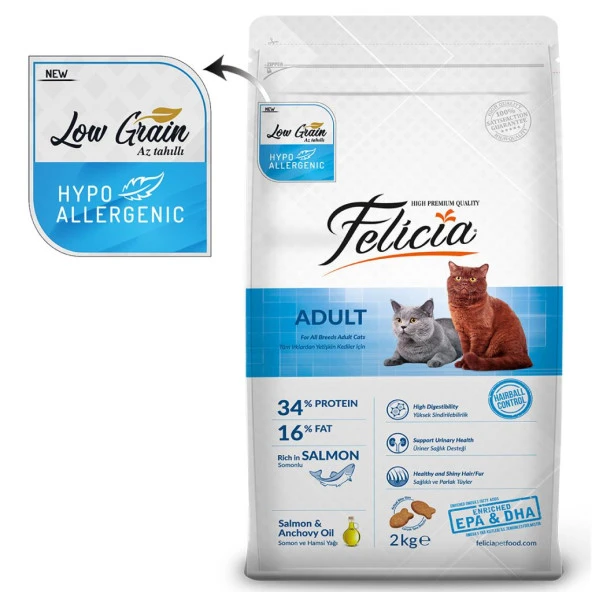 Felicia 2 Kg Yetişkin Somonlu Az Tahıllı HypoAllergenic Kedi Maması