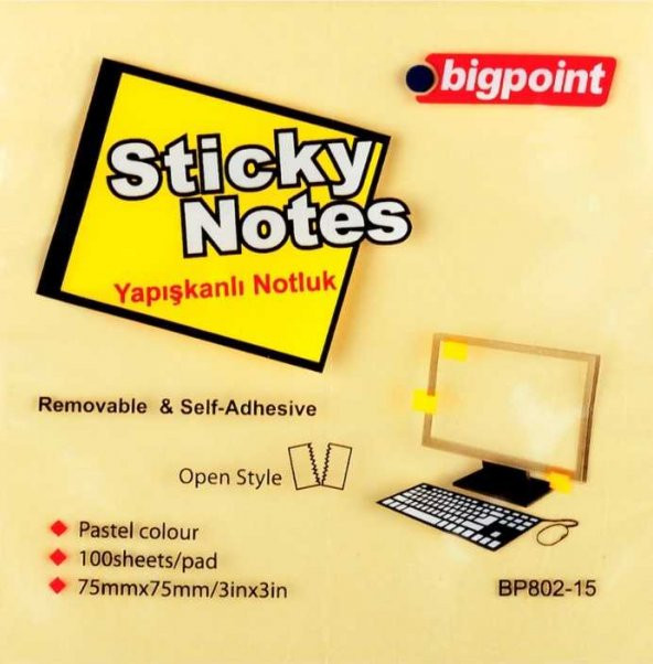 Bigpoint Yapışkanlı Not Kağıdı 75x75mm Sarı