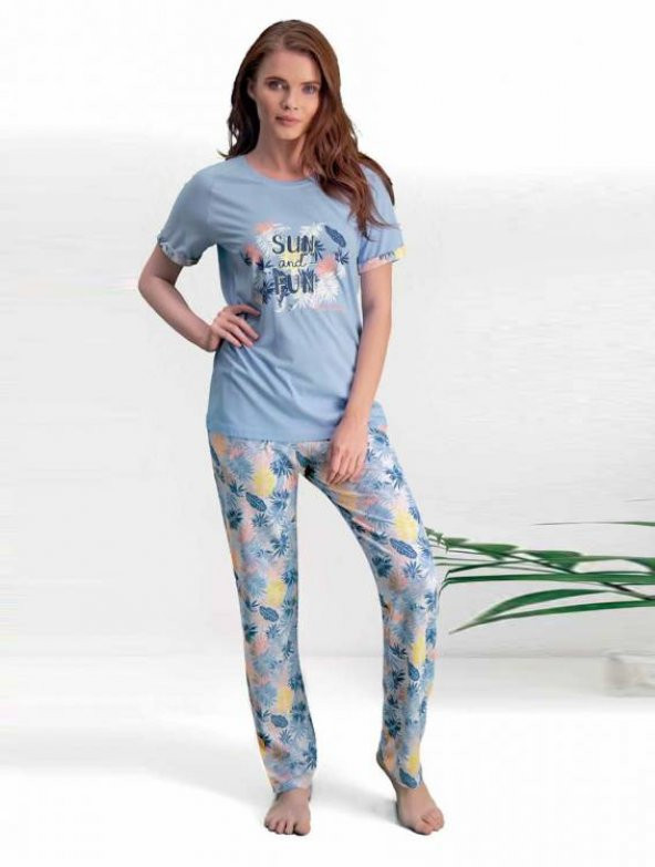 Pierre Cardin Bayan Büyük Beden Mavi Kısa Kol Pijama Takımı 7510