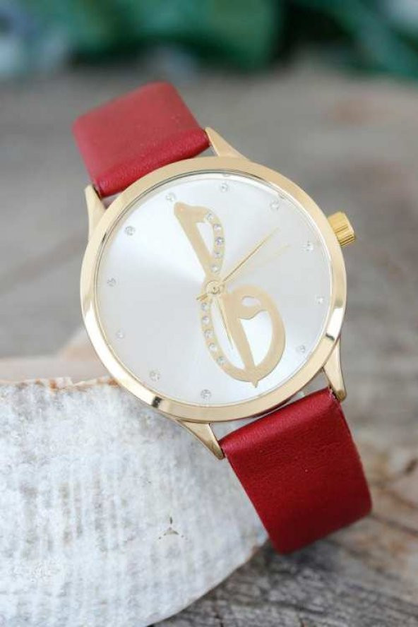 Elif Vav Tasarımlı Bordo Renk Deri Kordonlu Bayan Saat