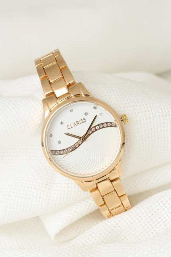 Gold Renk Metal Kordonlu Beyaz Renk Zirkon Taşlı İç Tasarımlı Clariss Marka Bayan Kol Saati