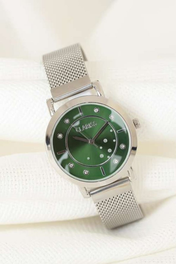 Silver Renk Kaplama Hasır Metal Kordonlu Yeşil İç Tasarımlı Metal Kasa Clariss Marka Bayan Saat