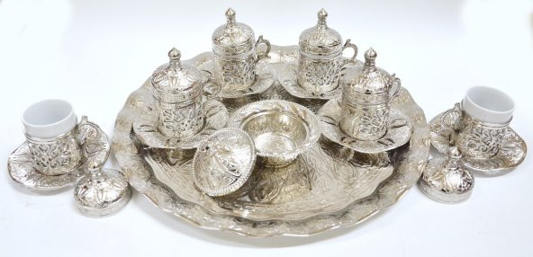 Osmanlı Motifli 6 Kişilik Kahve Fincanı Seti - Gümüş