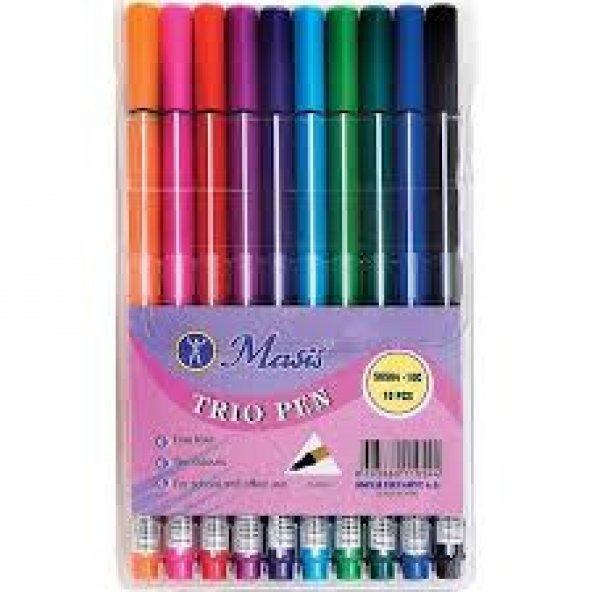 Masis Trio Pen Üçgen İnce Uç Keçeli Kalem 10 Renk