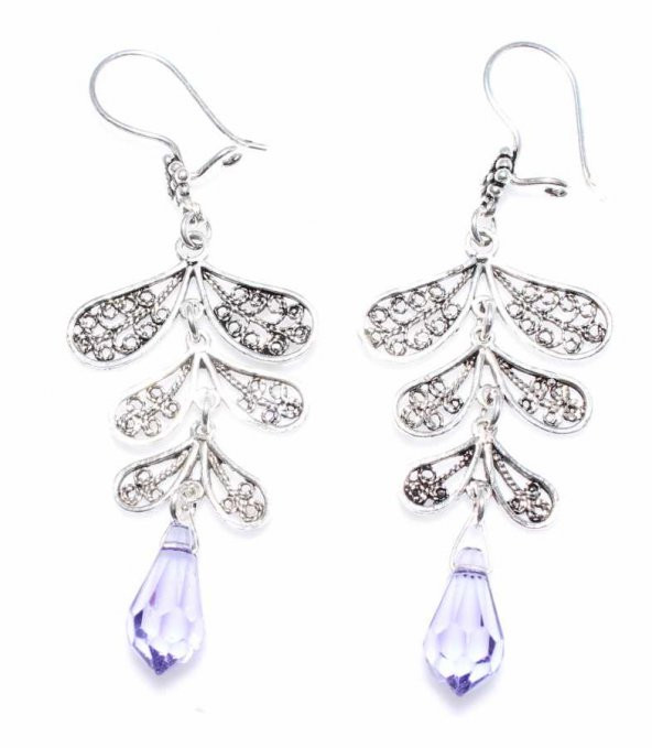 Swarovski Ametist Taşlı Yaprak Motifli Sallantılı 925 Ayar Gümüş Telkari Küpe