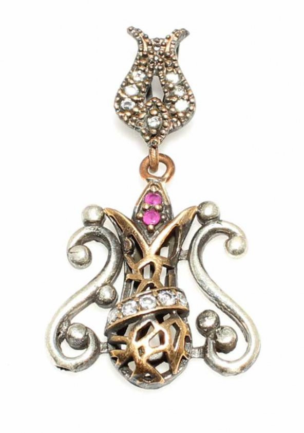 925 Ayar Gümüş Bronz Karışımı Lale Yakut Taşlı Kolye Ucu