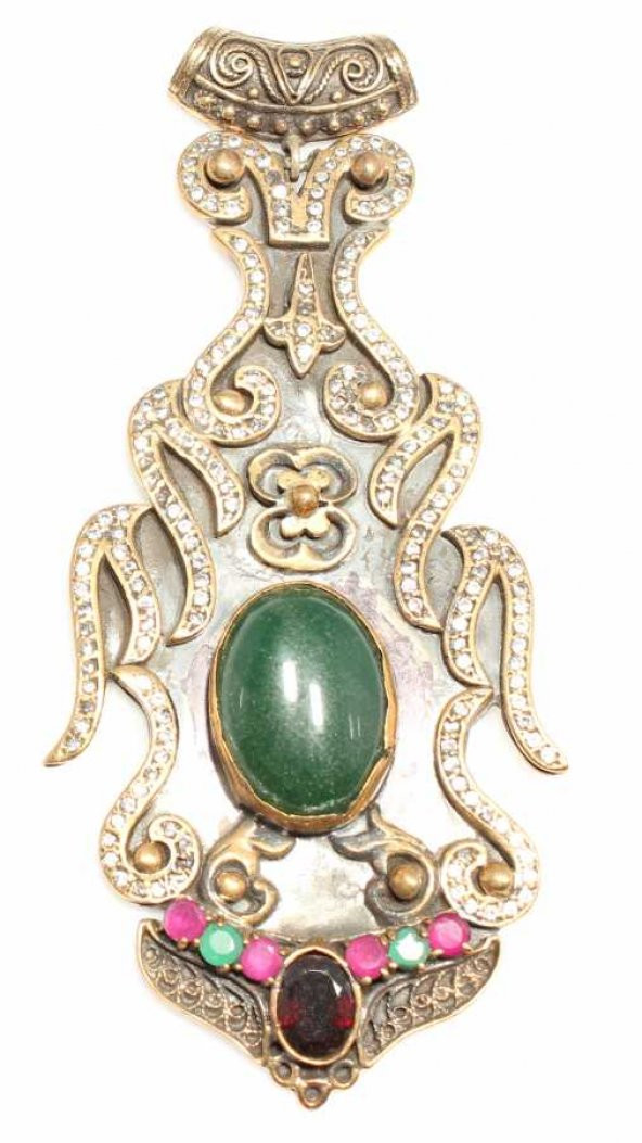 925 Ayar Gümüş ve Bronz Karışımı Yakut, Zümrüt ve Zirkon Taş Otantik Kolye Ucu