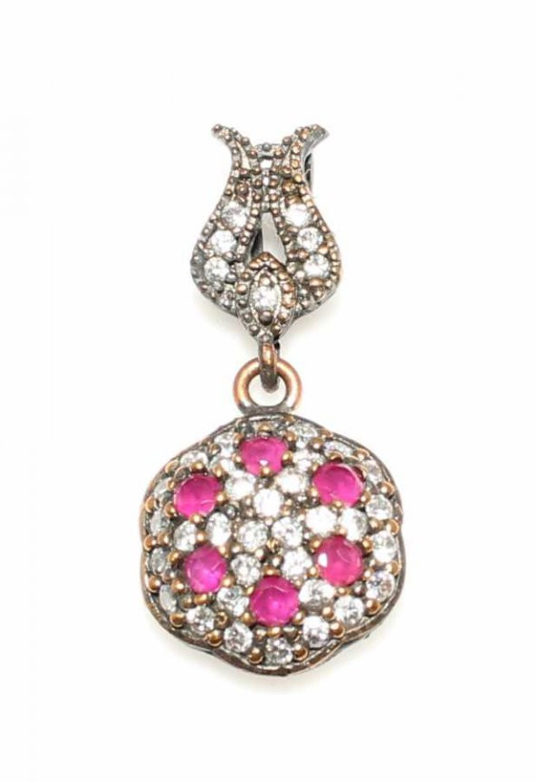 925 Ayar Gümüş Bronz Karışımı Altıgen Yakut Taşlı Kolye Ucu