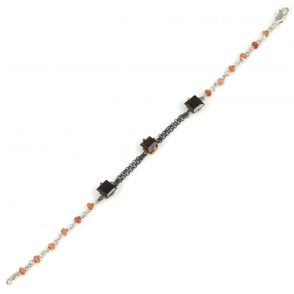 925 Ayar Gümüş ve Bronz Karışımı Garnet ve Yakut Taşlı Otantik Bileklik - 3