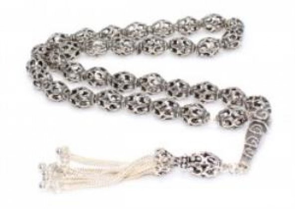 925 Ayar Gümüş Arpa Kesim Delikli Top Tesbih, Spiral Desenli İmame - 2