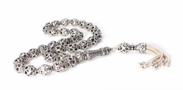 925 Ayar Gümüş Arpa Kesim Delikli Top Tesbih, Desenli İmame