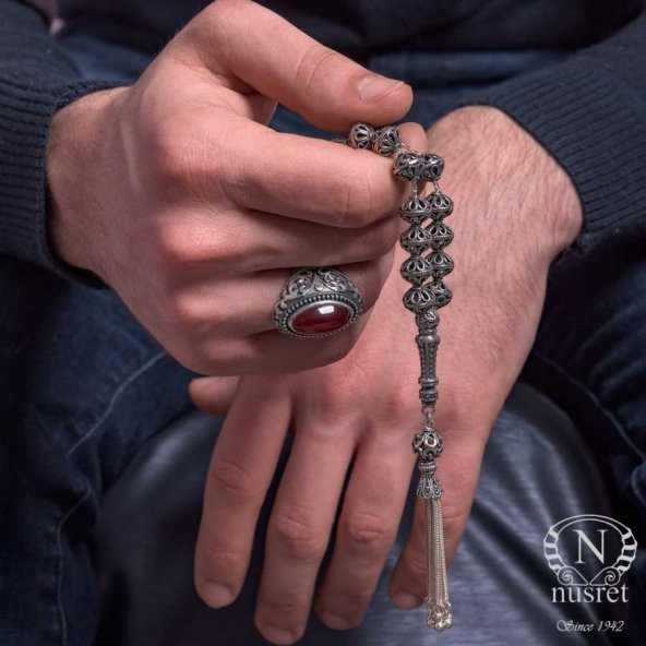 925 Ayar Gümüş Delikli Top Tesbih, Desenli İmame - 6