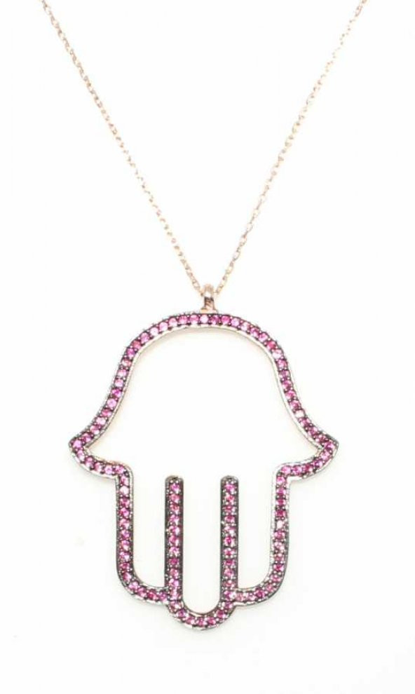 925 Ayar Gümüş Yakut Taşlı El Modeli Kolye, Pembe