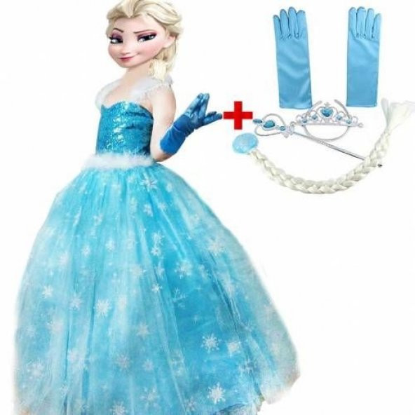 Kostüm - Frozen Elsa Tüylü Askılıklı Süper Çocuk Kostümü