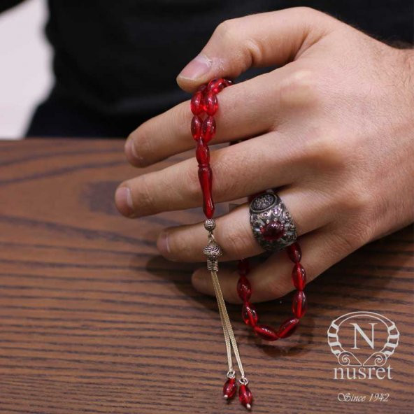 Turuncu Renk 925 Ayar Gümüş Sıkma Kehribar Tesbih - 2