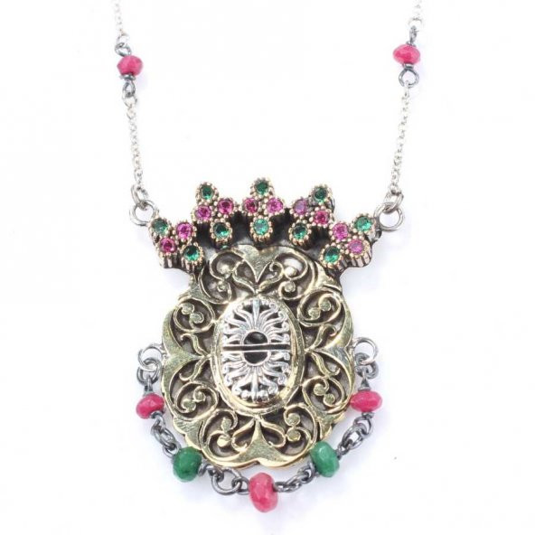 925 Ayar Gümüş ve Bronz Karışımı Yakut ve Zümrüt Taşlı Oval Otantik Kolye