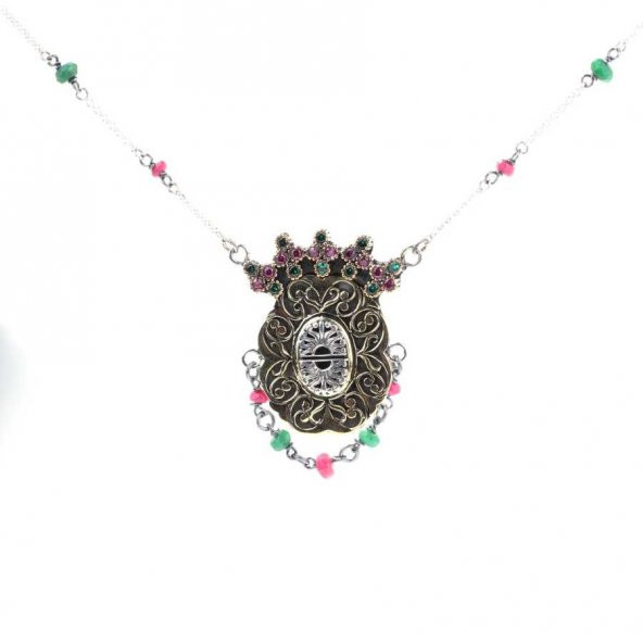 925 Ayar Gümüş ve Bronz Karışımı Yakut ve Zümrüt Taşlı Oval Otantik Kolye - 2