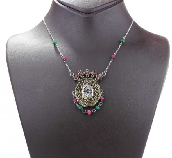 925 Ayar Gümüş ve Bronz Karışımı Yakut ve Zümrüt Taşlı Oval Otantik Kolye - 5