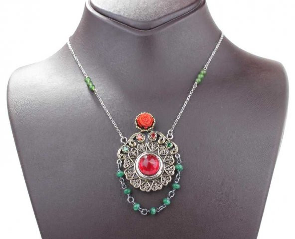 925 Ayar Gümüş ve Bronz Karışımı Gül Mercan Taşlı, Otantik Kolye - 2
