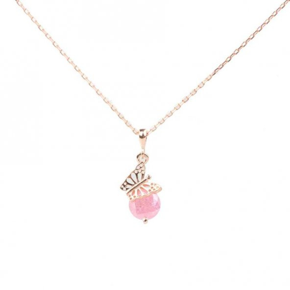 925 Ayar Gümüş Buzlu Pink Quartz Taşlı Kelebek Kolye