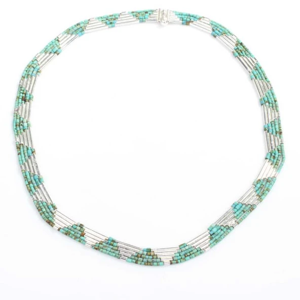 925 Ayar Gümüş Turkuaz Taşlı 5 sıra Özel Tasarım Kolye - Resim 3