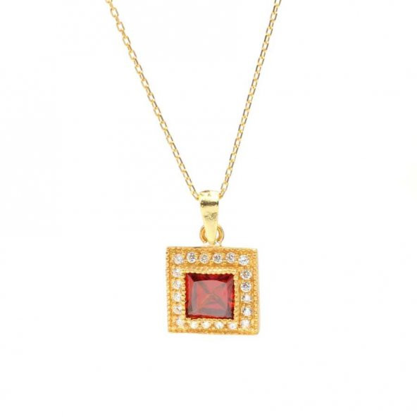 925 Ayar Gümüş Minik Kare Sentetik Yakut Taşlı Kolye