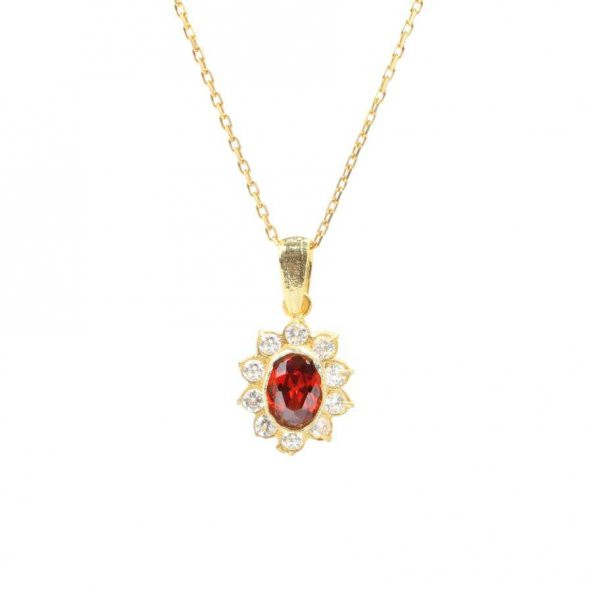 925 Ayar Gümüş Minik Çiçek Tasarım Oval Yakut Taşlı Kolye
