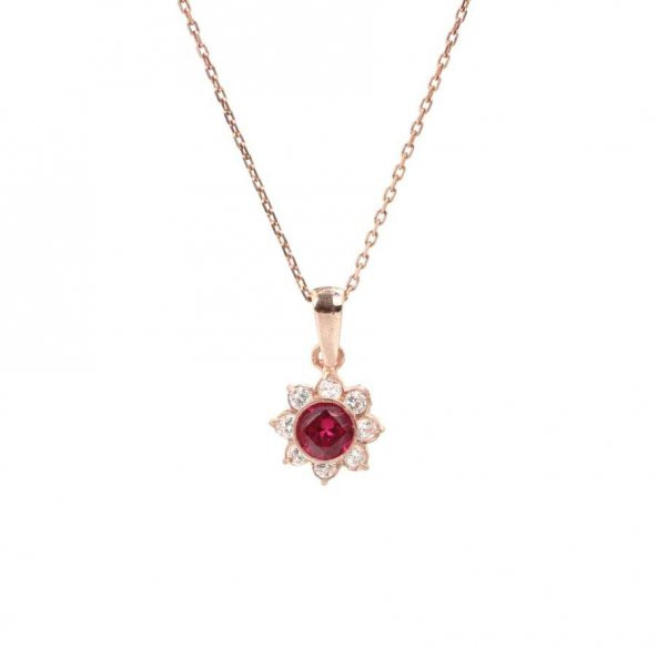925 Ayar Gümüş Minik Çiçek Tasarım Yakut Taşlı Kolye - 2