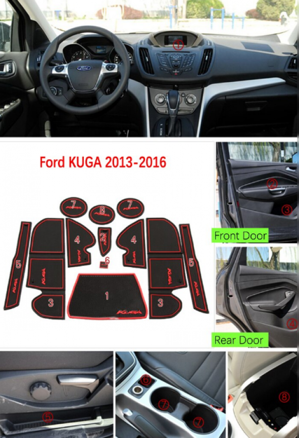 Ford KUGA 2013 2016 Araç İçi Silikon Kaymaz Ped Kaplama Seti - Resim 5