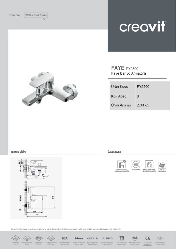 Creavit FY2500 Faye Lüx Banyo Bataryası Armatürü ORJİNAL ÜRÜN - 3
