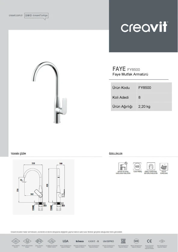 Creavit FY8500 Faye Lüx Evye Mutfak Armatürü Bataryası ORJİNAL - 4