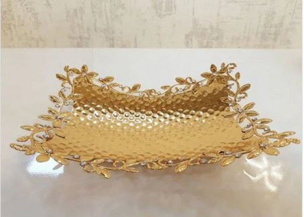 Gold renkli taşlı ve çiçek desenli oval küçük servis dekoratif tepsi