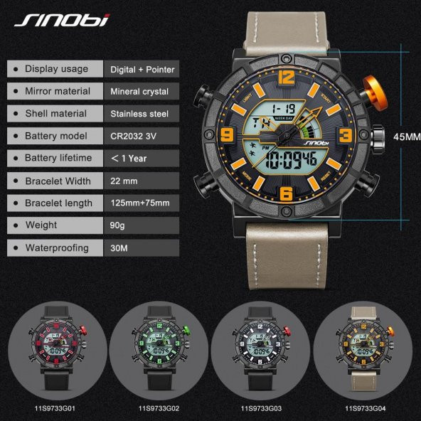 Sinobi Erkek Kol Saati Dijital Analog Deri Kordon Sportif Model Dijital Analog - 12