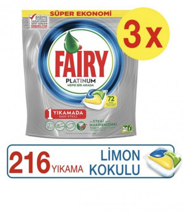 Fairy Platinum Bulaşık Makinesi Deterjanı Kapsülü Limon Kokulu 72 Yıkama x3