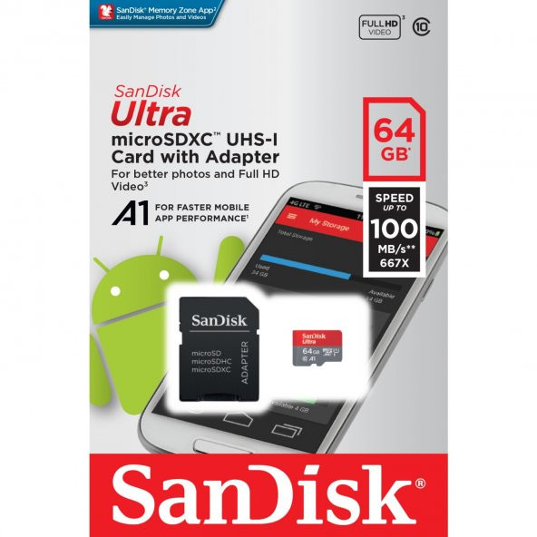 SanDisk SDSQUAR-064G-GN6MA Ultra 64GB 100MB/S Class 10 microSDXC Hafıza Kartı   Adaptör